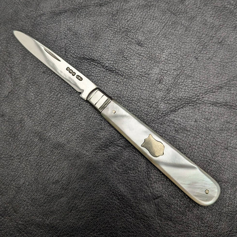 1927 British Antique White Pearl Shell Handle Pure Silver Blade Folding Pen Knife